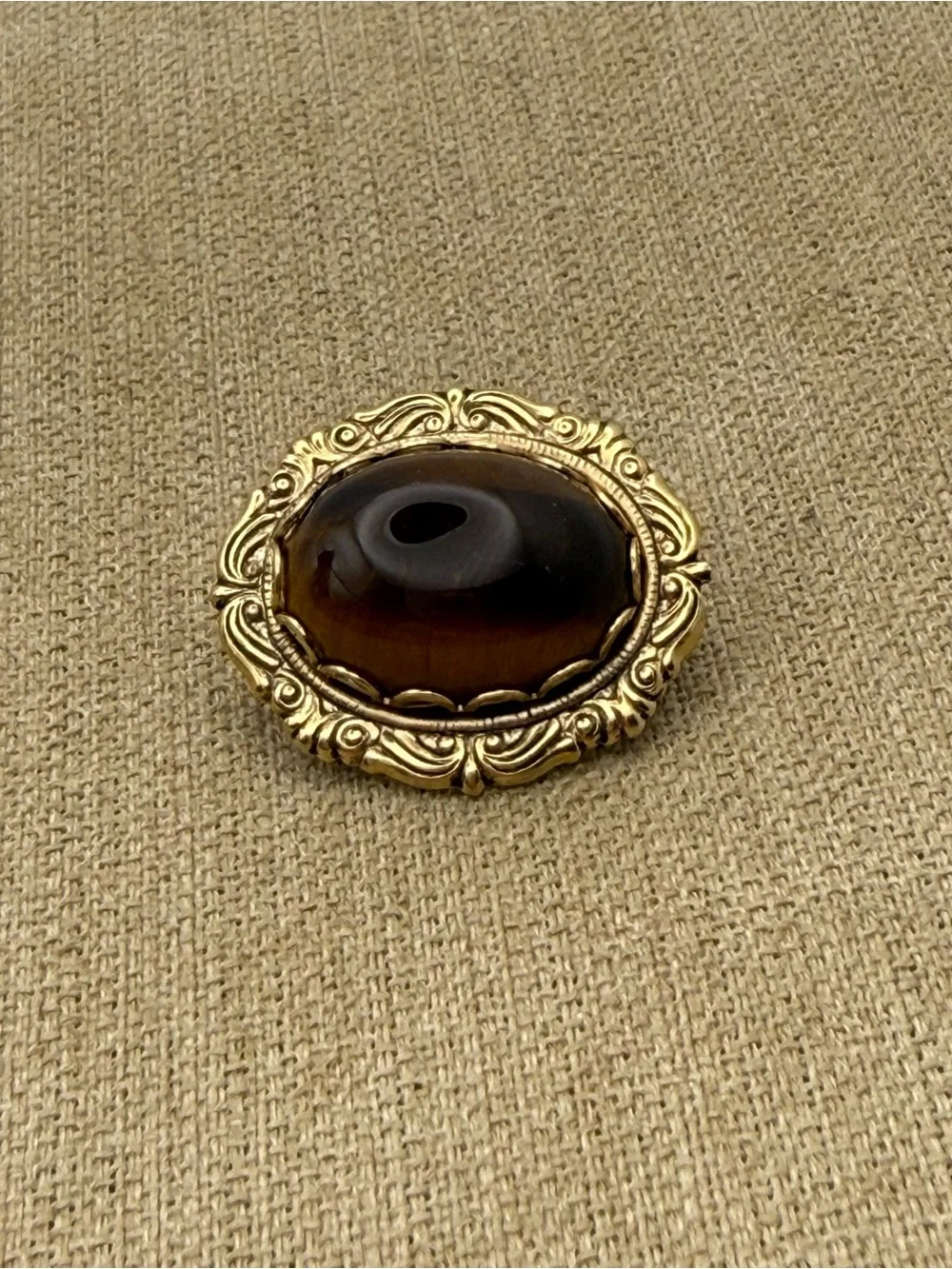 Vintage Ornate Gold-Tone Brown stone brooch